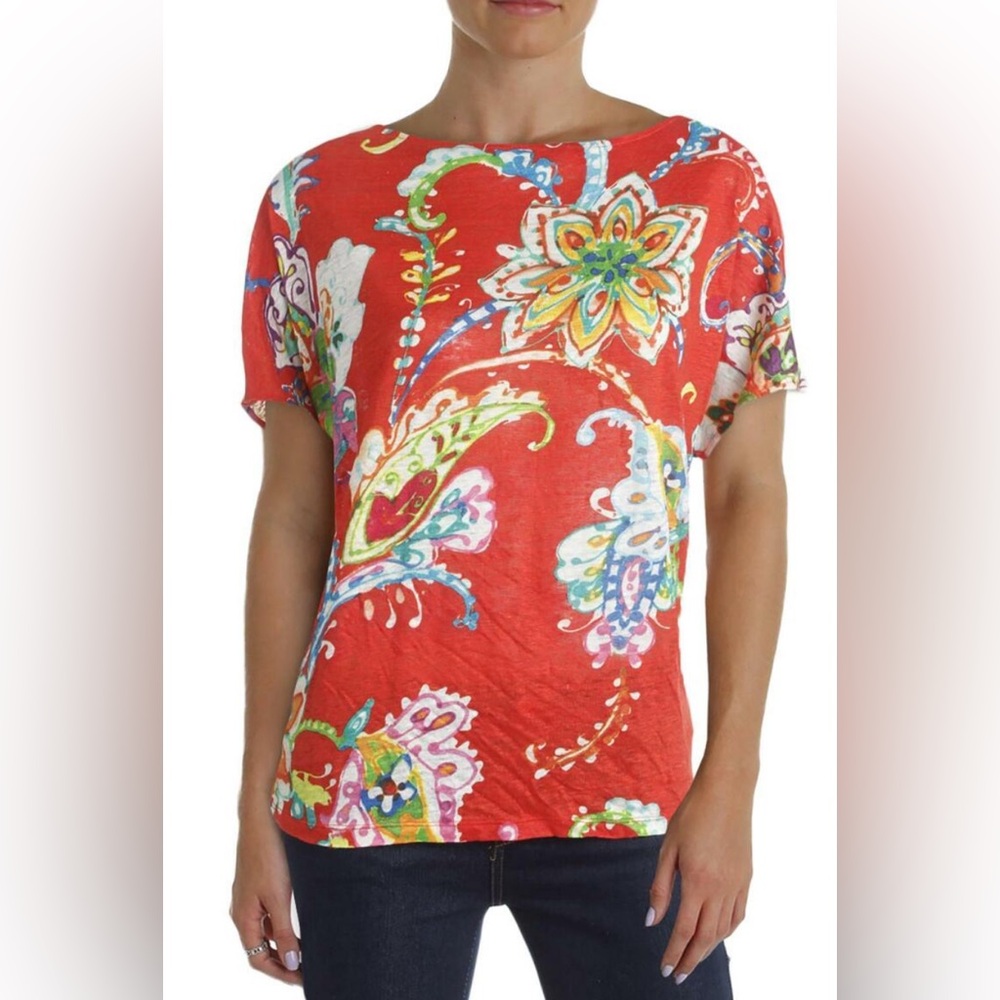 LAUREN RALPH LAUREN RED FLORAL LINEN  TOP BLOUSE SIZE M